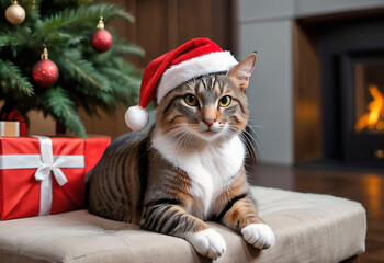 Christmas cat. Portrait striped kitten playing with Christmas lights garland on festive red background. Kitty looking at camera.