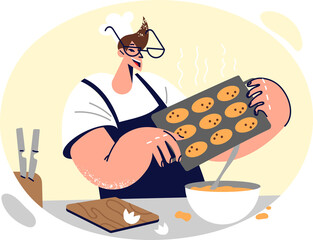 Man cook works in confectionery shop and holds tray with oatmeal cookies prepared by own hands