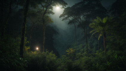 Wall Mural - Moonlit jungle, casting shadows and revealing nocturnal creatures - AI Generative