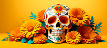 Day Of The Dead Skull On Yellow Background With Flowers.