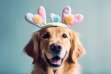 a golden retriever wearing easter bunny ears, Generative AI