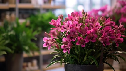 Wall Mural - bouquet of pink alstroemeria flowers in a basket. Mother's day concept with a space for a text. Valentine day concept with a copy space.