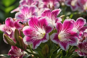 Wall Mural - Beautiful pink and white alstroemeria flowers in the garden. Mother's day concept with a space for a text. Valentine day concept with a copy space.