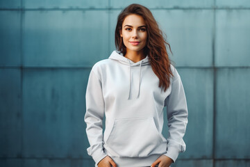 Wall Mural - Woman wearing plain white hoodie for mockup. Fashion model female with white hoodie and neutral background. White hoodie mockup.