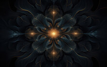 Fractals Symmetric  As Flower Design Navy Dark Blue Color And Gold 
