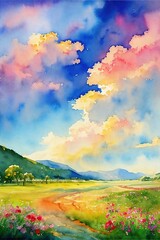 Watercolor colorful landscape of a meadow.