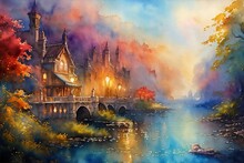 Colorful Fantasy Illustration Of River And Mountain Landscape. Watercolor Drawing.