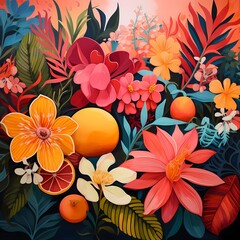 Wall Mural - orange lemon and leaf artwork flowers fruit