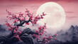 Sakura branch against the backdrop of a large moon. Generation AI