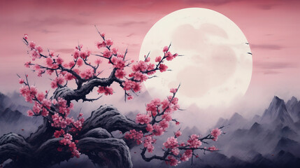 Wall Mural - Sakura branch against the backdrop of a large moon. Generation AI