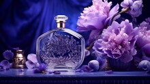 Beautiful Perfume Bottle With A Vintage Feel, Along With Violet Flowers And Peonies, Perfect For A Parfum Advertisement Or Beauty Branding Design.
