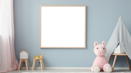 Wall Mural - Mockup wall art template with copy space, transparent png. Blank frame in cute interior of children room. Interior painting template or photo frame. 