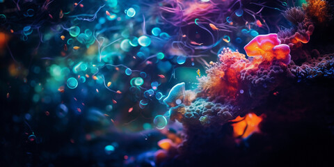 Wall Mural - abstract blobs and spots representing the vibrant corals and fish seen while angling in tropical wat