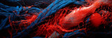 Fototapeta Desenie - Geometric shapes and bold colors representing a fishing trawler's nets teeming with fish. Contrasting reds and blues, harsh lighting