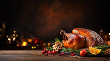 A Christmas Menue With Roast Goose On Brown Background With Copy Space