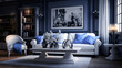 Luxury Room with Sofa and Wall Art in Blue and White Theme Style 