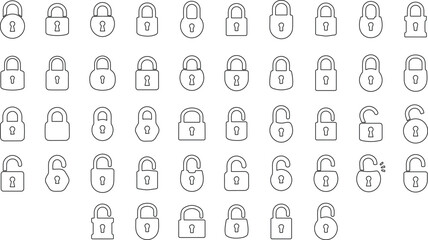 Wall Mural - Set of Silhouette of locked and unlocked padlock. Line design. close and open lock collection. Security symbol. Privacy symbol vector stock illustration.