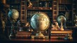 An antique map, globe, and book stored in a cupboard. Science, learning, and past trip experiences