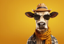 Photorealistic Stylish Cow Wearing Cowboy Hat And Glasses, On Bright Yellow Background