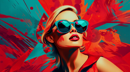 Retro Women's Sunglass Fashion Exploding in Pop Art Colors, with Free Brushwork and Outrun Style.