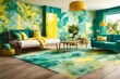 Vibrant hues of green and turquoise representing tropical waters, accented by splashes of yellow to evoke the warmth of a sunny beach.