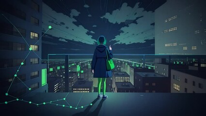 Canvas Print - Seamless loop animation. lofi girl full body standing at balcony looking at city night lights Generative AI seamless loop animation animation. Created using Generative AI Technology