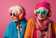 Two Eccentric Grandmothers Groove to the Beat, Sporting Headphones, Sunglasses, and Vibrant Fashion in a Kaleidoscope of Colors, AI generated