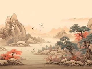 A beautiful asian, chinese art painting. Blossoming gardens, trees and birds. Beautiful asian landscape with mountains and river.