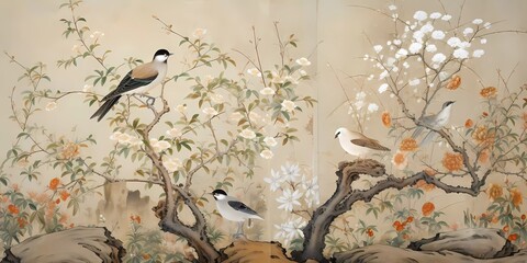 A beautiful asian, chinese art painting. Blossoming gardens, trees and birds. Beautiful asian landscape