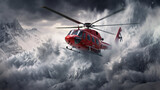 A red rescue helicopter flies against the backdrop of a huge snow avalanche. ai generative