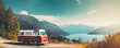 Camper van with nature landscape background. ai generative