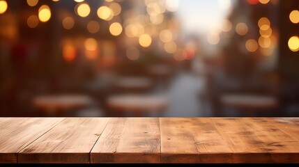 Wooden table in a restaurant opposite the window, bokeh city behind the glass, night view. Generation AI