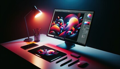 Graphic Designer Workspace with Digital Art Project