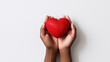 dark-skinned hands holding a red heart on a white background