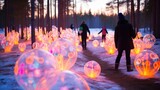 Fototapeta  - A surreal scene with illuminated orbs casting a warm glow on snow, as people wander in a forest at dusk