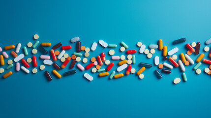 Wall Mural - Colorful pills on blue background with copy space. Top view.