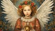 angel with wings, wreath on head, halo