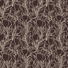 Purple Graphic Pattern Of Large Beige Flowers On A Brown Background, Seamless Pattern, Texture, Design