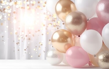 pastel white, beige, pink and golden balloon with glitter on white wooden floor for holiday birthday card decor soft light