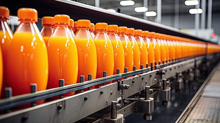 Wall Mural - Automatic line for packing juices into glass or plastic containers.  Beverage production. Bottling plant. Bottles on a factory conveyor belt. Illustration for cover, banner, brochure or presentation.