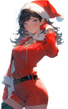 Anime Girl In Santa Claus Costume For Christmas, Red Uniform, Digital Illustration Isolated