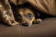 A scared dog hides under the blanket on New Year's Eve.