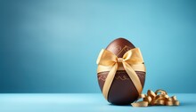 Easter Egg Chocolate  Wrapped With Golden Ribbon Bow ,blue Light Background , With Copy Space 