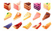 Cartoon pies slices. Cheesecake slices lemon sponge pie portion, pastries cake layer with different filling tiramisu fruit custard meringue pastry food, garish vector illustration