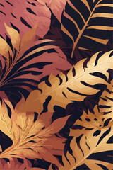  Pink and Golden Monstera Leaves Drawing in Flat 2D Vector