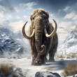 Woolly mammoth roaming the terrains of the ice age earth. Generative AI.	