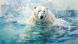Lonely polar bear swims in ice cold water between snow rocks, watercolor