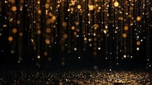 Golden Glitter Rain, Gold Particles Glow With Falling Snow Bokeh Light Effect. Golden Sparks Splash, Shimmer Glow Flow On Black Background. Magic Concept. New Year Concept. Celebrate Concept.