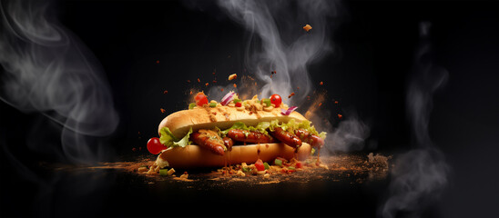 Poster - fresh hotdog or sausage sandwich with flying ingredients and spices hot ready to serve and eat food commercial advertisement menu banner with copy space area