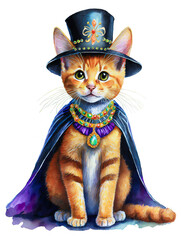 Wall Mural - Cute ginger tabby kitten in costume, wearing a stylish cloak,  elegant hat dressed up for New Years, Valentine or black tie dressy party invite, greeting card, design cutout isolated on white.